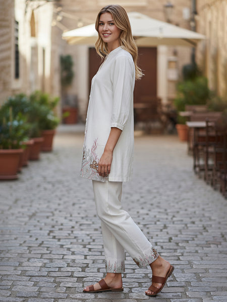 Beige Forest Harmony Embroidered Cotton Co-ord Set