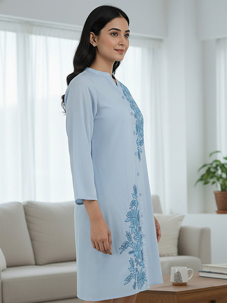 Light Blue Embroidered Cotton Shirt Dress