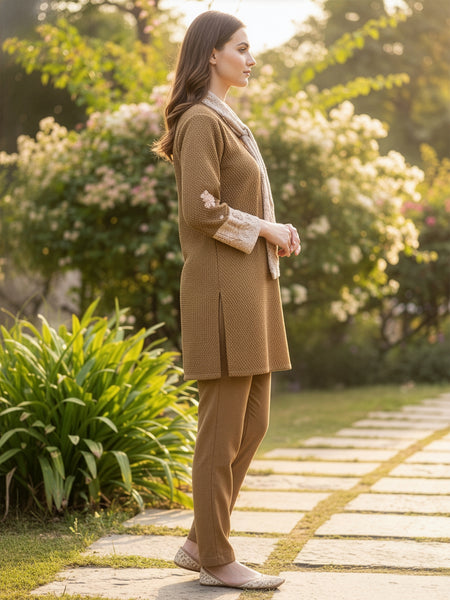 Classic Brown Woolen Embroidered Co-ord Set with Muffler