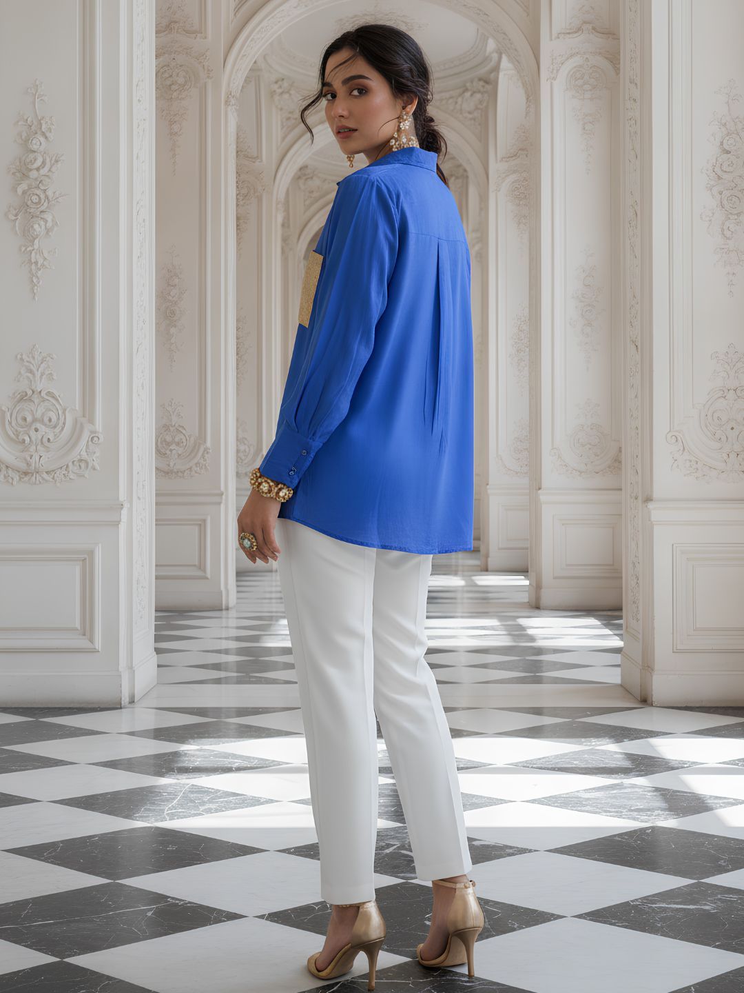 Women's Royal Blue Relaxed Fit Shirt with Gold Pocket Detail