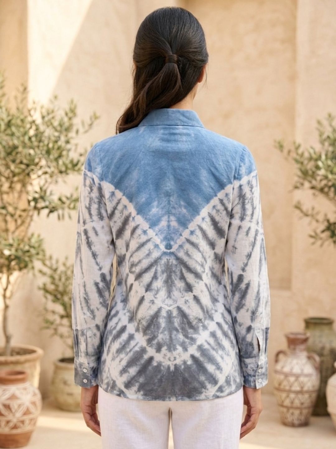 Blue Ombre Tie-Dye Cotton Shirt in Geometric Design