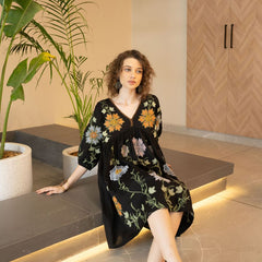 Black Cotton Embroidered Midi Dress with V-Neck & Elbow Sleeves