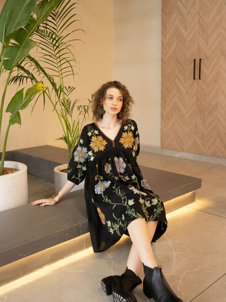 Black Cotton Embroidered Midi Dress with V-Neck & Elbow Sleeves