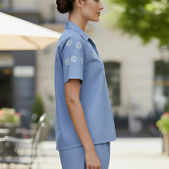 Elegant Blue Button-Down Embroidered Shorts Set