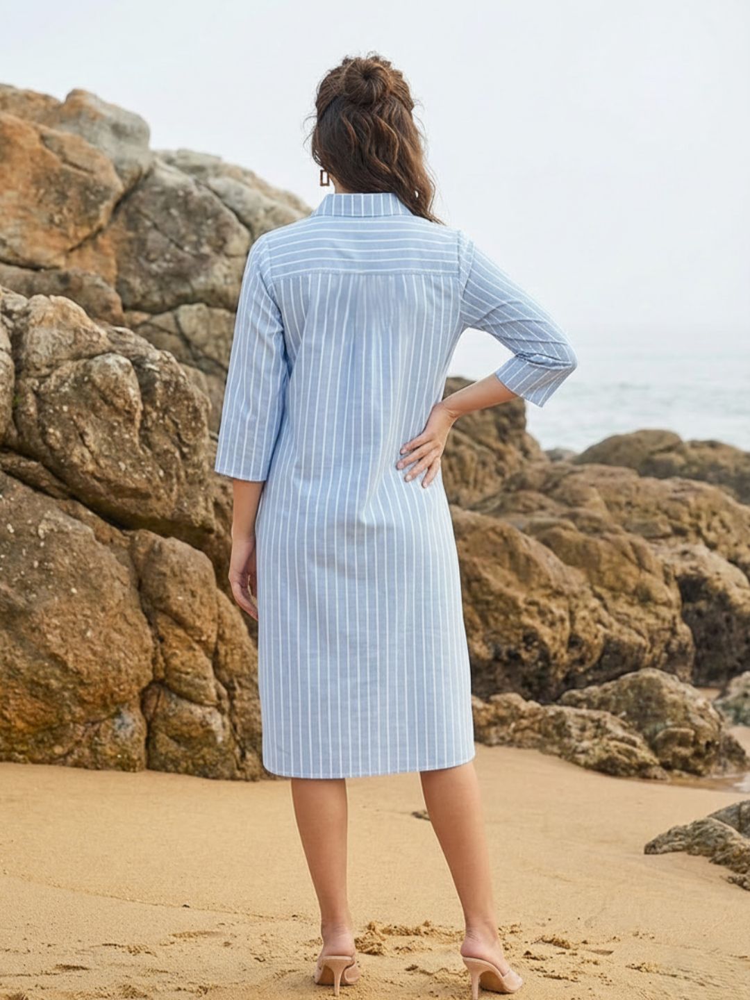 Elegant Sky Blue Embroidered Stripe Shirt Dress for Women