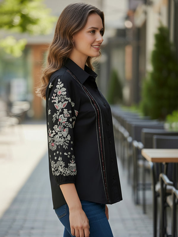 Black Handcrafted Embroidered Cotton Shirt