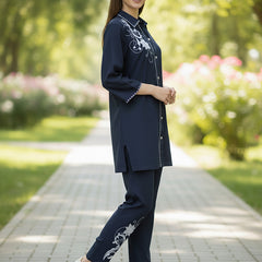 Navy Blue White Embroidered Co-ord Set