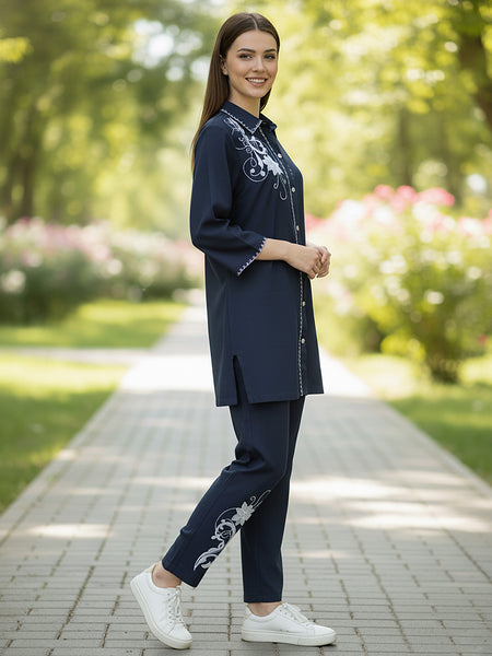 Navy Blue White Embroidered Co-ord Set