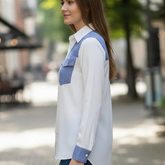 White & Blue Embroidered Tencel Crop Shirt with Collar Neck