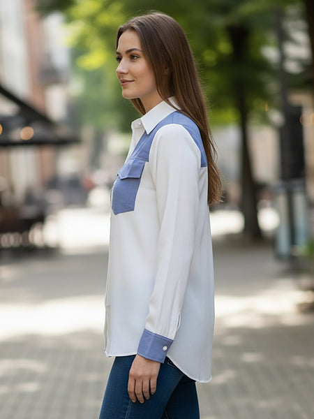 White & Blue Embroidered Tencel Crop Shirt with Collar Neck