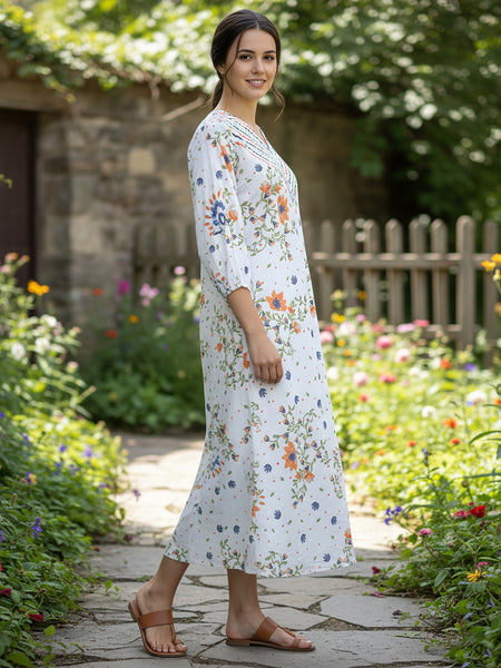 Elegant Floral Cotton Midi Dress with Embroidered V-Neck