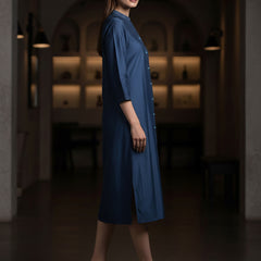 Navy Blue Embroidered Viscose Midi Dress