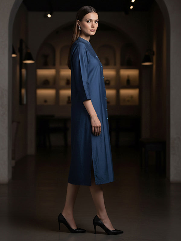 Navy Blue Embroidered Viscose Midi Dress
