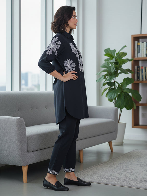 Navy Blue Shirt Pattern Co-ord Set