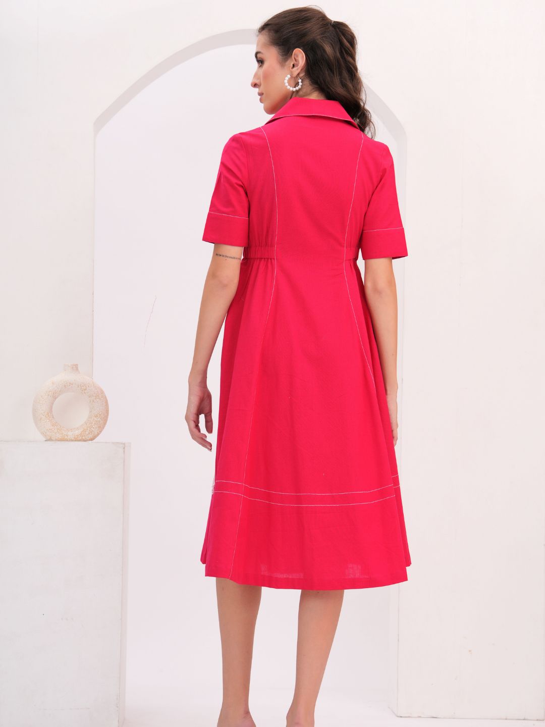 Fuchsia Pink Embroidered Flared Midi Dress with Lapel Collar