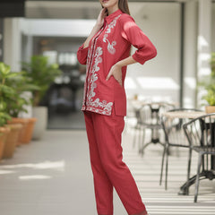 Floral Threadwork Maroon Co-ord Set