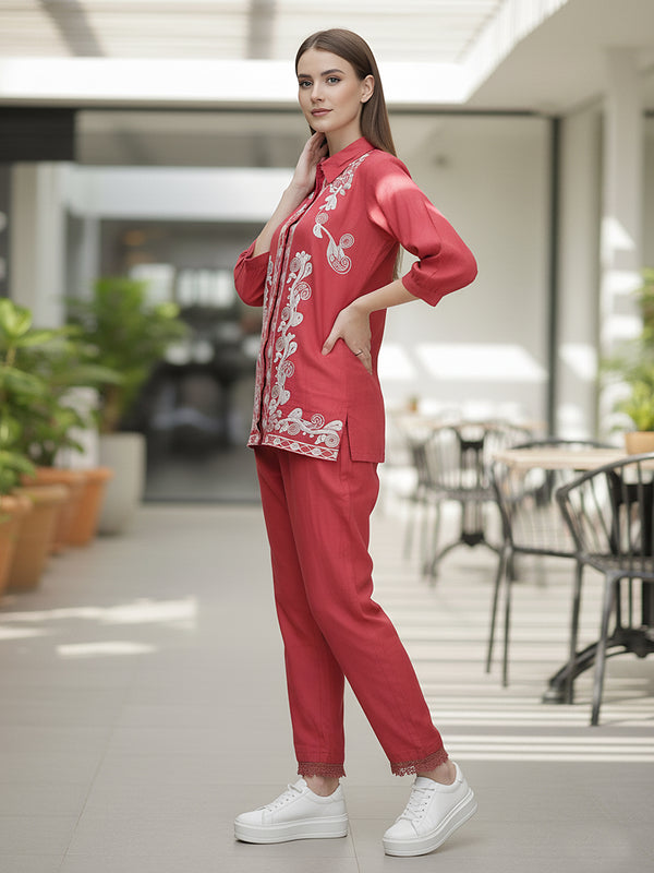 Floral Threadwork Maroon Co-ord Set