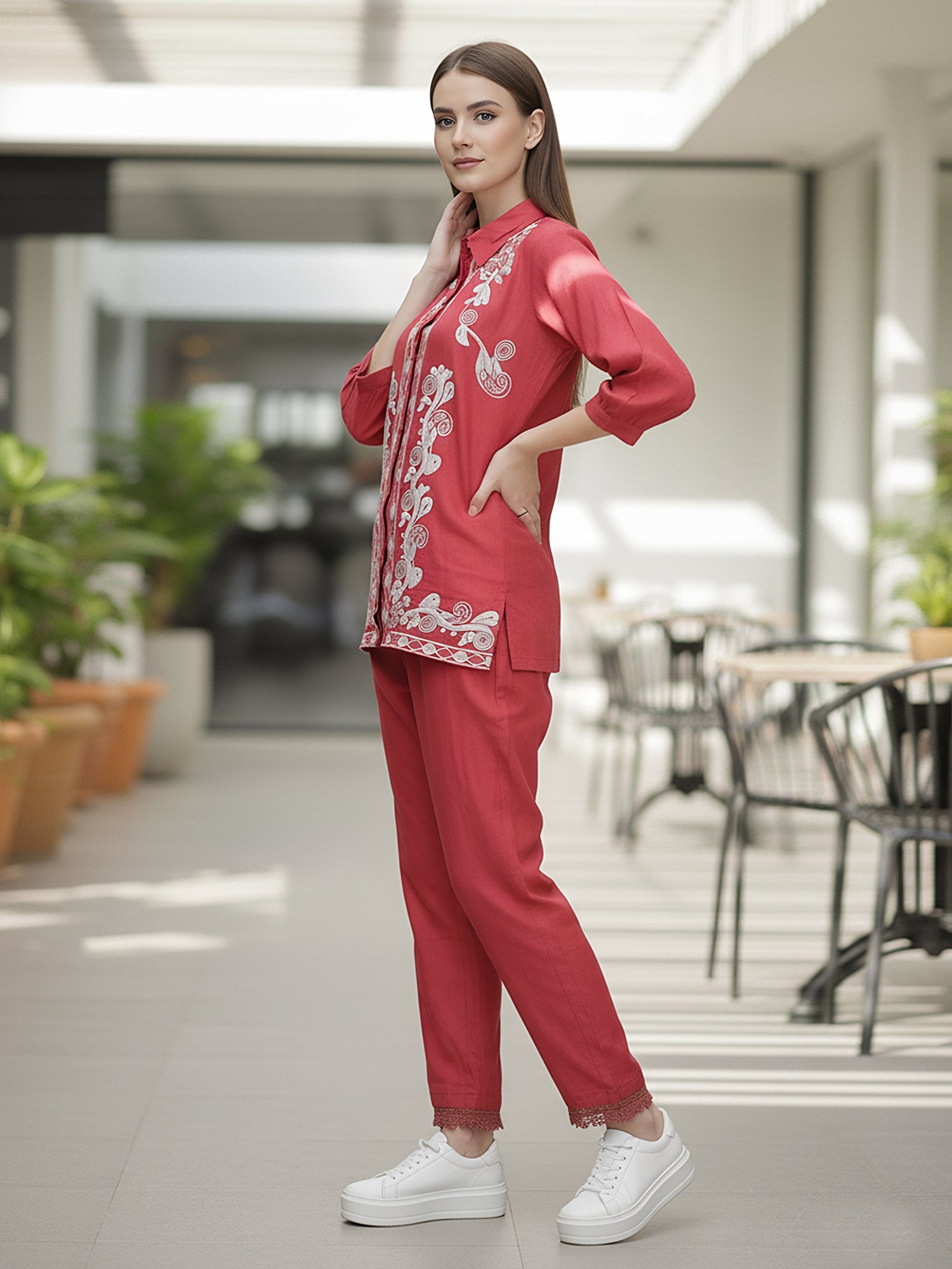 Floral Threadwork Maroon Co-ord Set