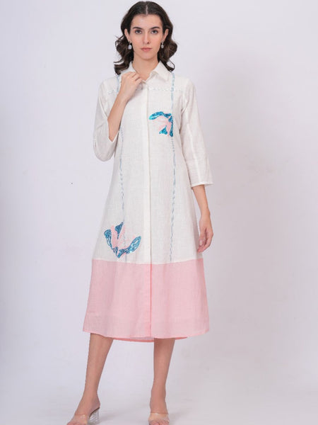 Pink Linen Embroidered Shirt Dress