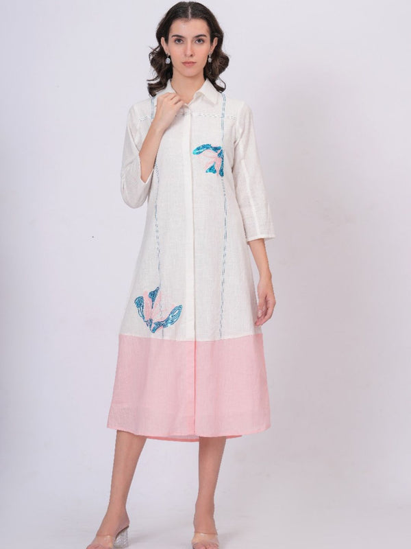 Pink Linen Embroidered Shirt Dress