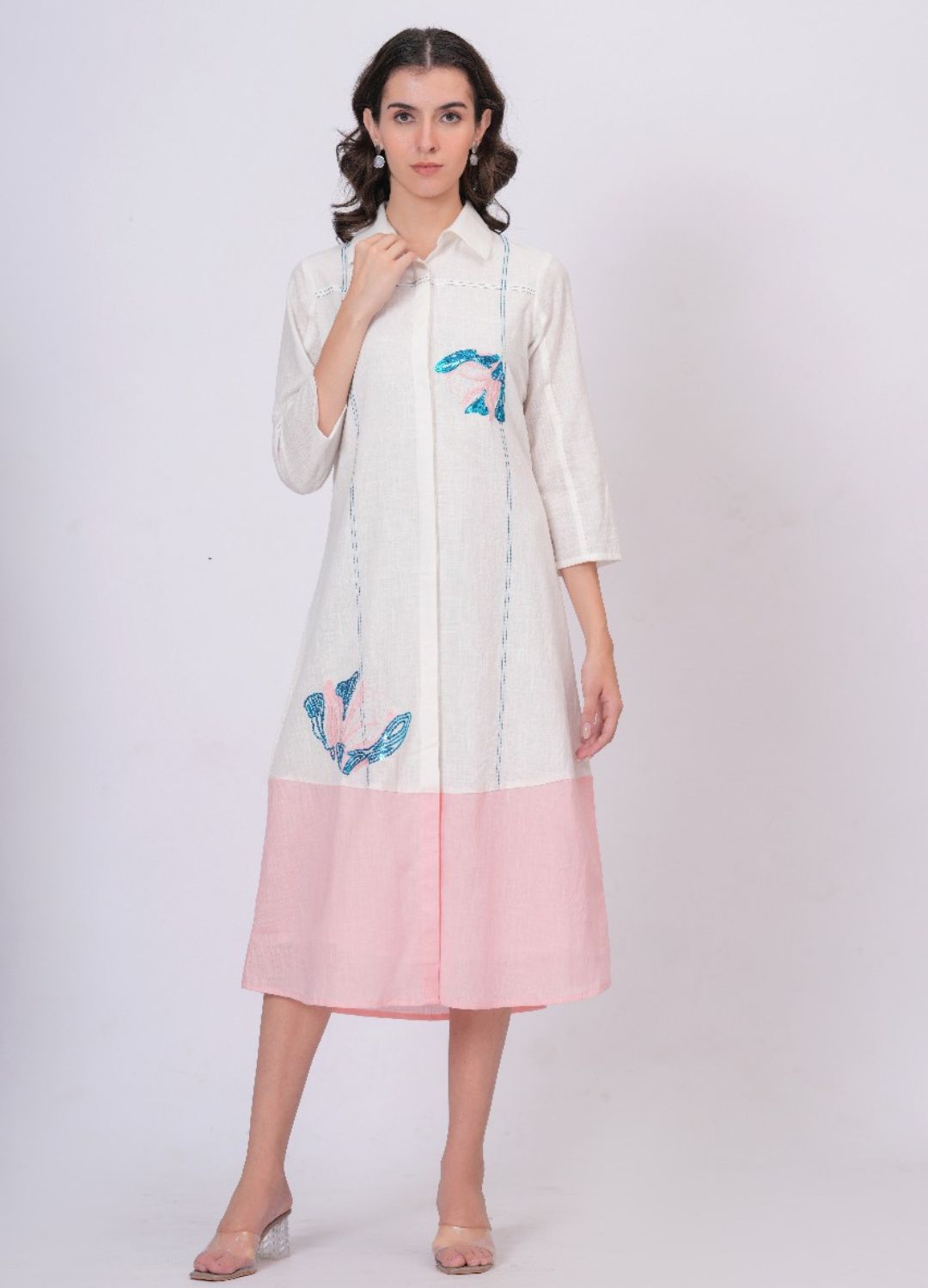 Pink Linen Embroidered Shirt Dress