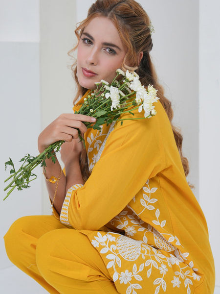 Mustard Yellow Embroidered Cotton Co-ord Set