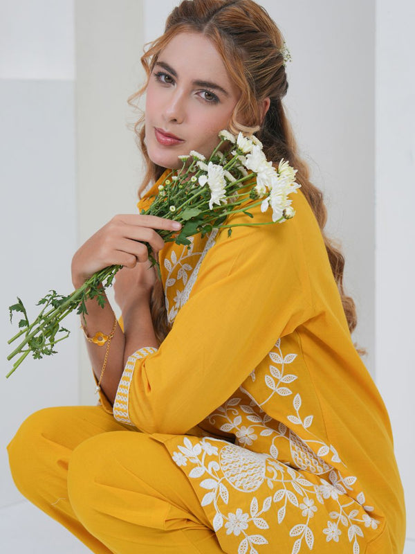 Mustard Yellow Embroidered Cotton Co-ord Set