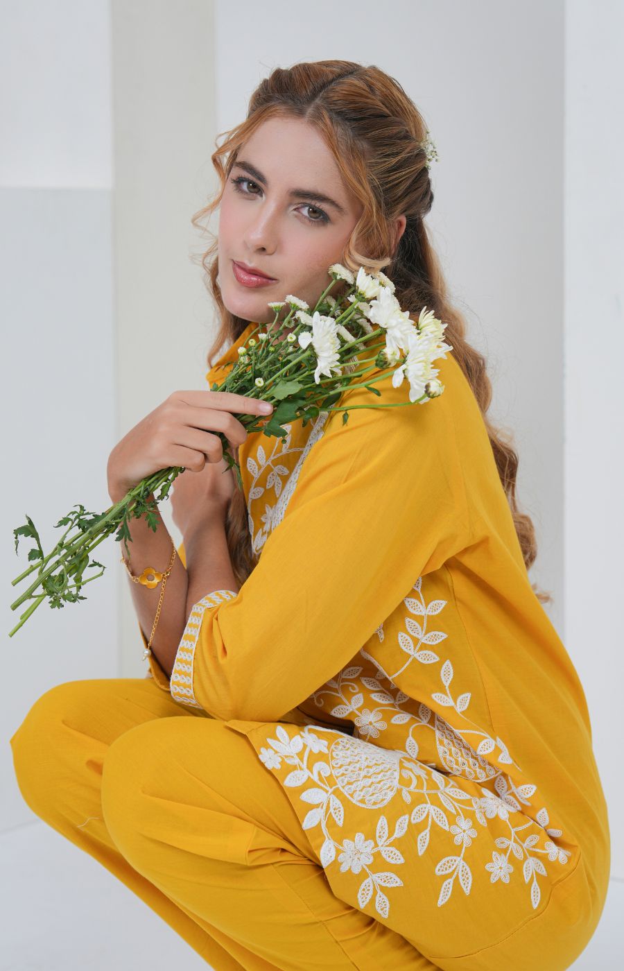 Mustard Yellow Embroidered Cotton Co-ord Set