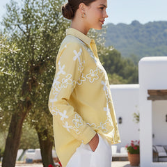 Yellow Cotton Embroidered Waist-Length Shirt with Collar Neck