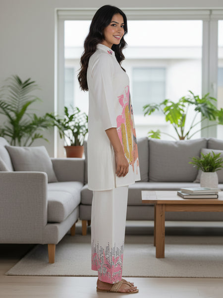 Whispering Beauty Cotton Printed White Co-ord Set