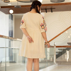 Elegant Cream Cotton Midi Dress with Embroidered Detail & V-Neckline