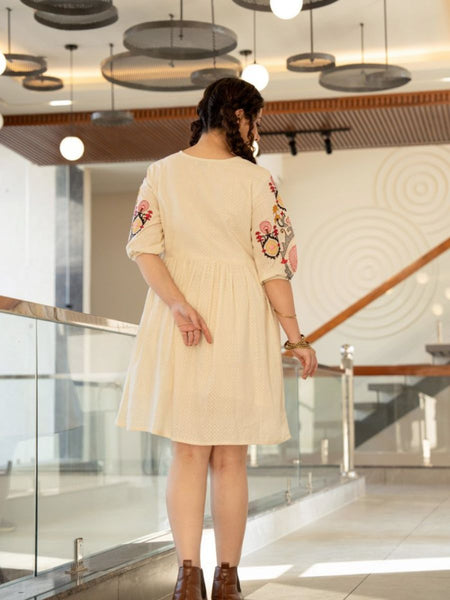 Elegant Cream Cotton Midi Dress with Embroidered Detail & V-Neckline