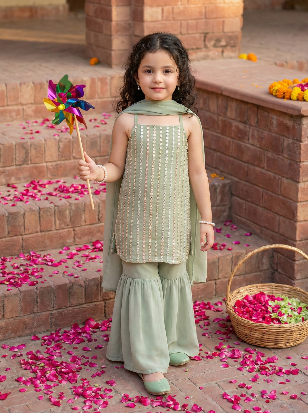 Girls Sage Green Sequinned Sleeveless Kurta with Sharara Pants & Dupatta Set