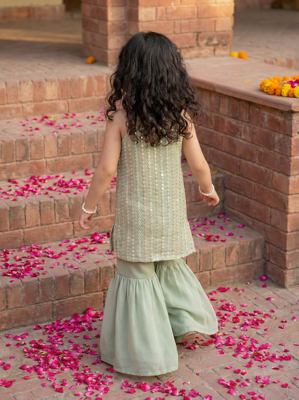 Girls Sage Green Sequinned Sleeveless Kurta with Sharara Pants & Dupatta Set