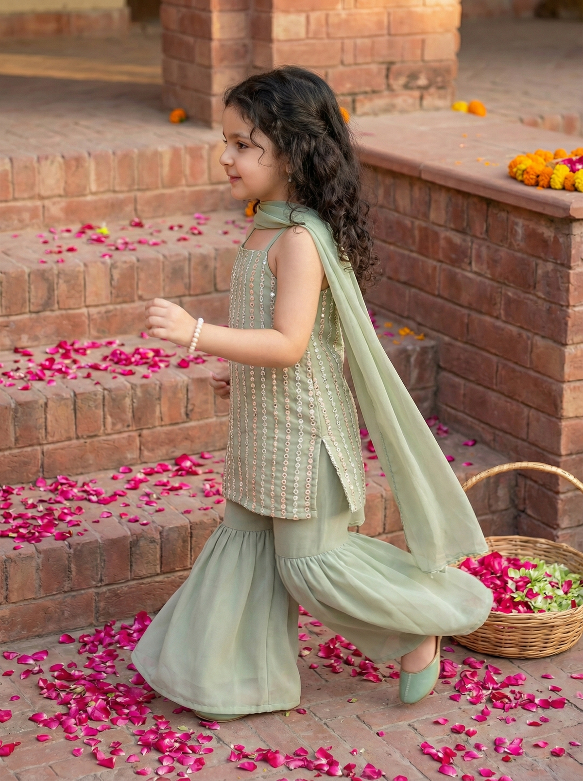 Girls Sage Green Sequinned Sleeveless Kurta with Sharara Pants & Dupatta Set