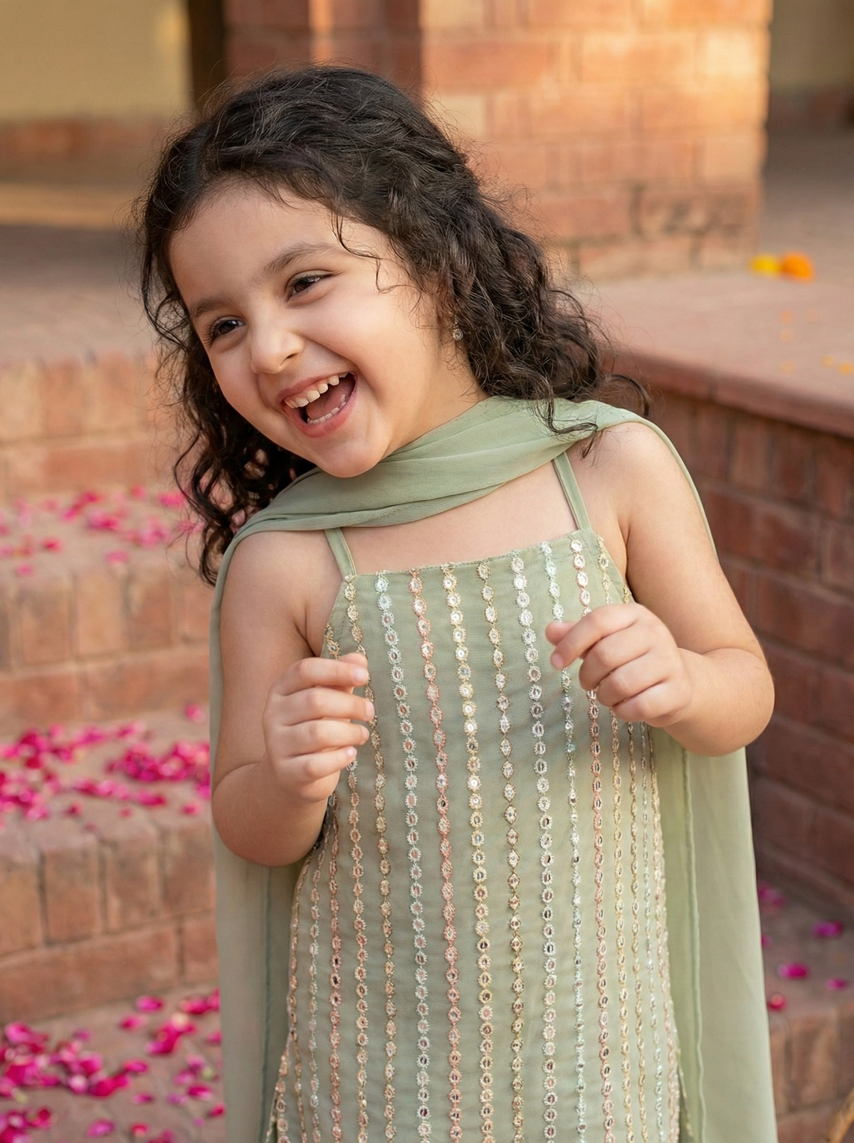 Girls Sage Green Sequinned Sleeveless Kurta with Sharara Pants & Dupatta Set