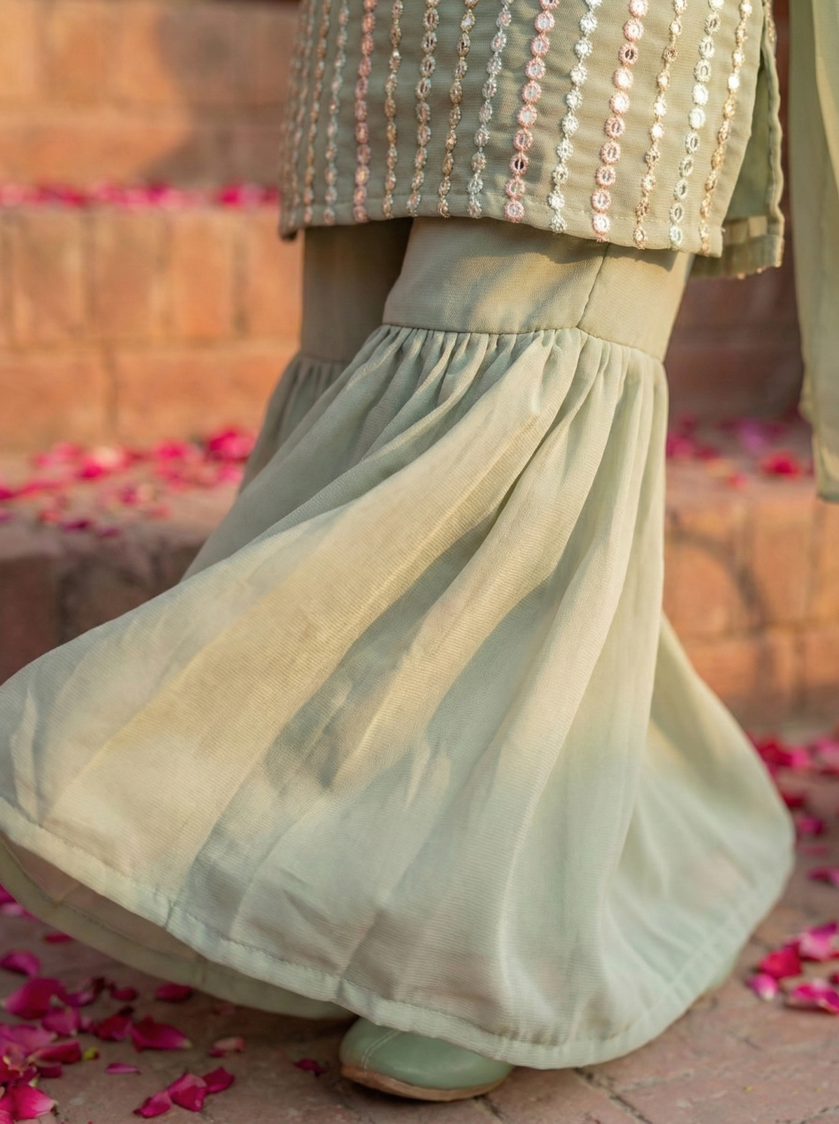 Girls Sage Green Sequinned Sleeveless Kurta with Sharara Pants & Dupatta Set