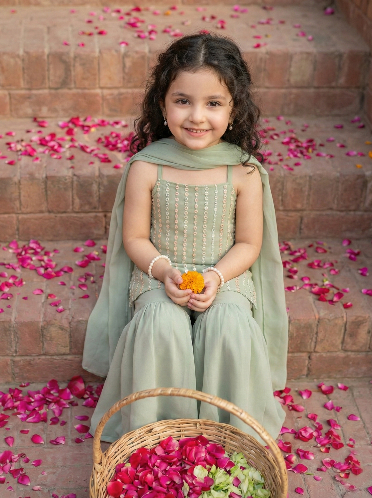 Girls Sage Green Sequinned Sleeveless Kurta with Sharara Pants & Dupatta Set