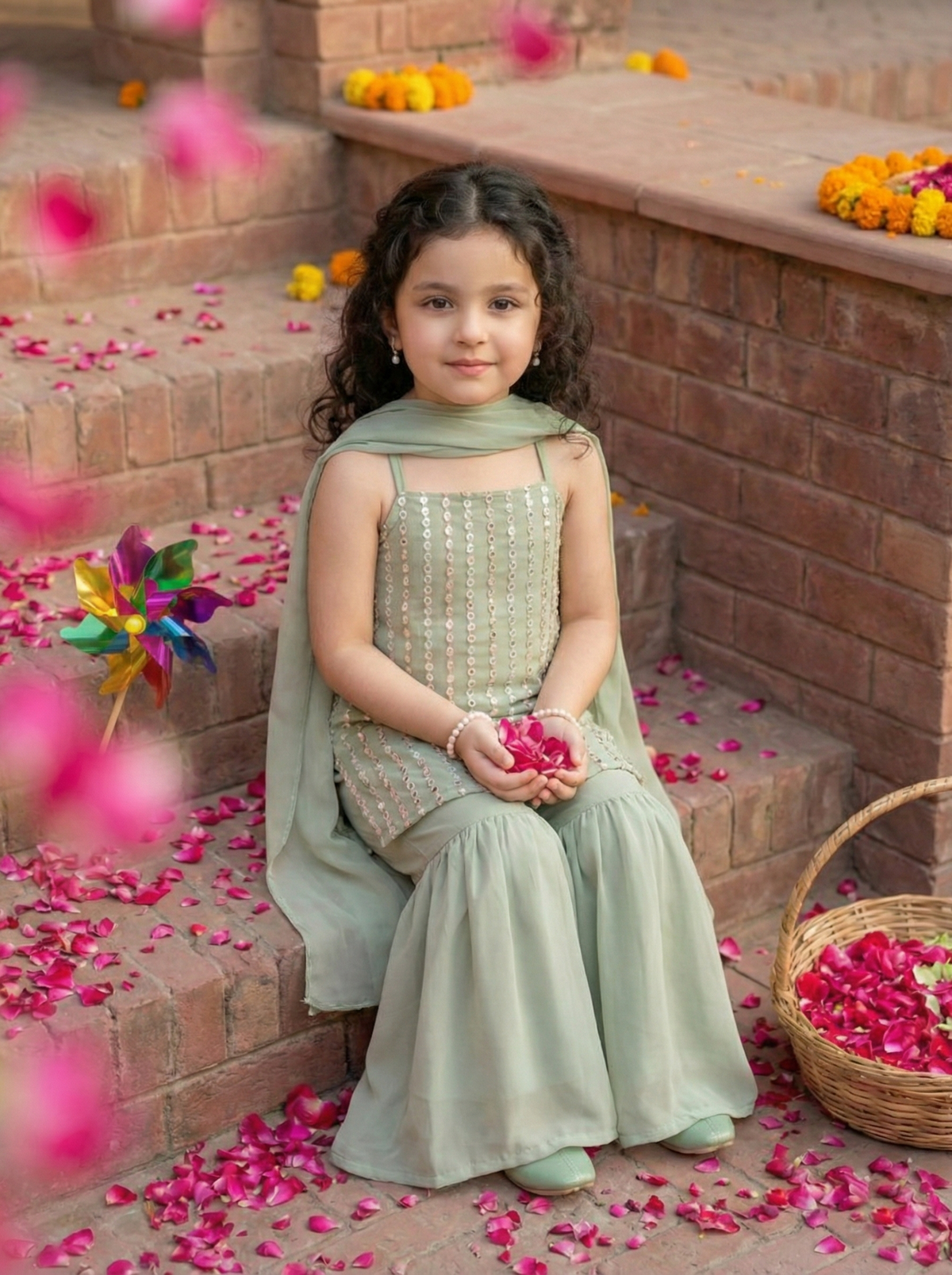 Girls Sage Green Sequinned Sleeveless Kurta with Sharara Pants & Dupatta Set