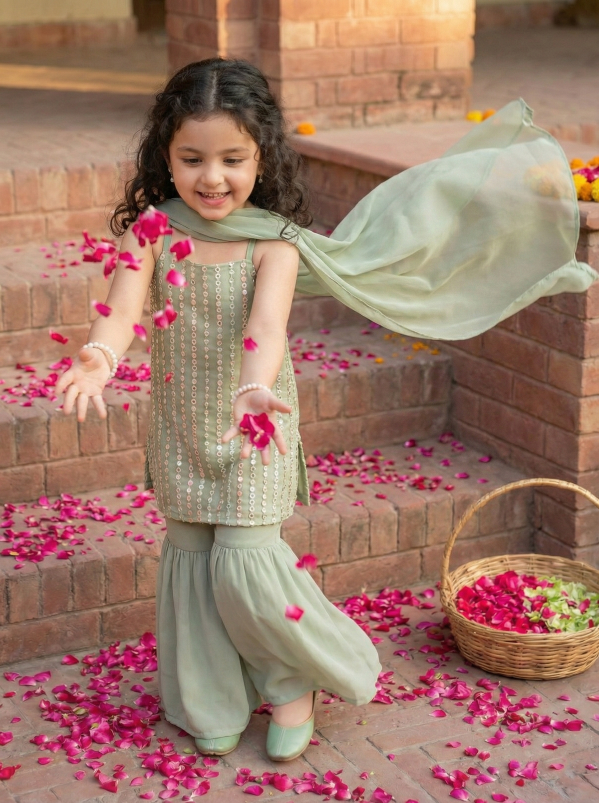 Girls Sage Green Sequinned Sleeveless Kurta with Sharara Pants & Dupatta Set