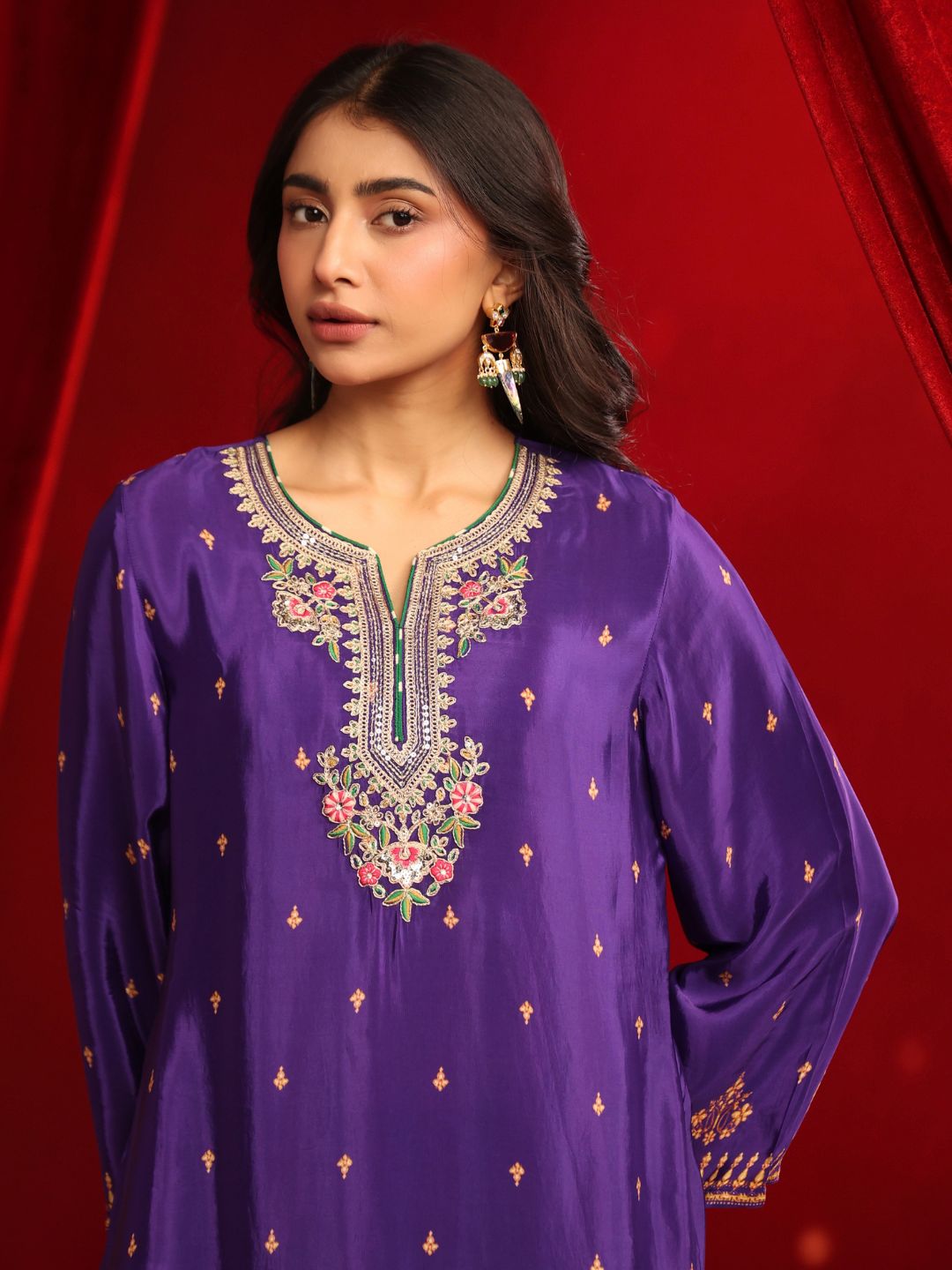 Purple Green Crepe Embroidered Kurta with Farshi Salwar Set