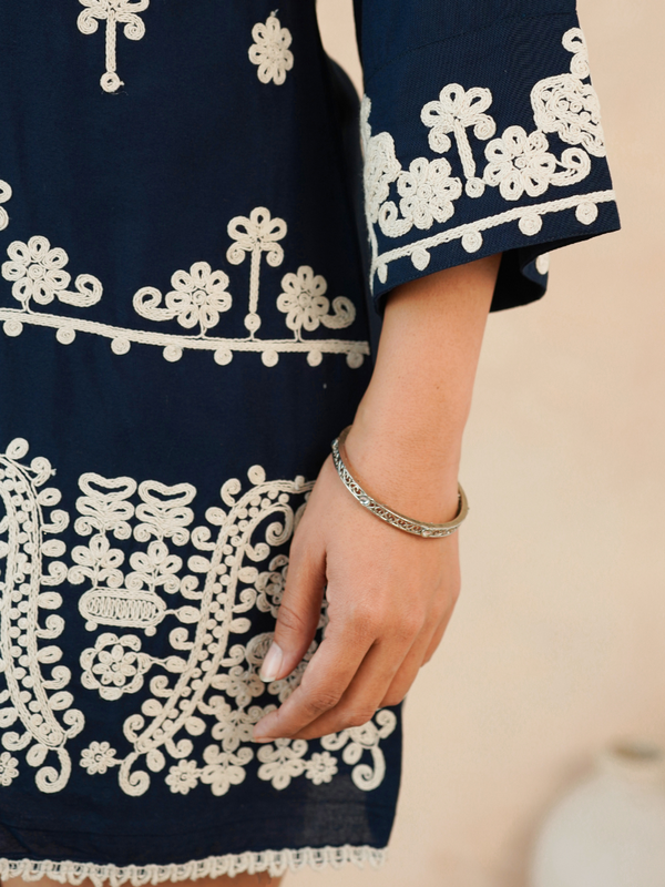 Navy Blue Embroidered Rayon Midi Dress