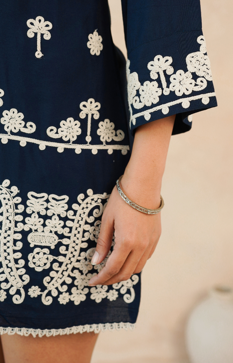 Navy Blue Embroidered Rayon Midi Dress