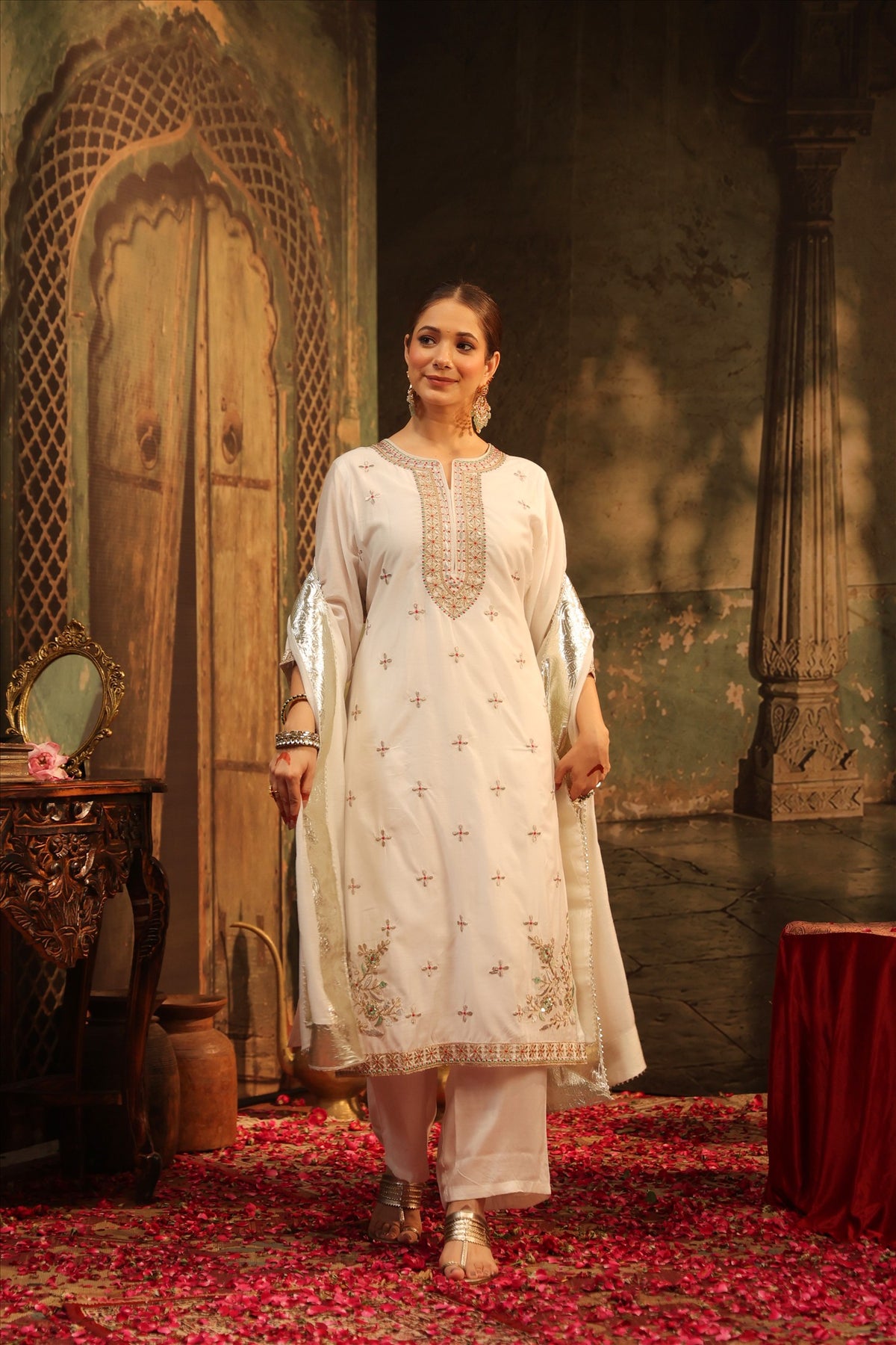 Women's Elegant Ivory Embroidered Straight Kurta Palazzo Set with Dupatta
