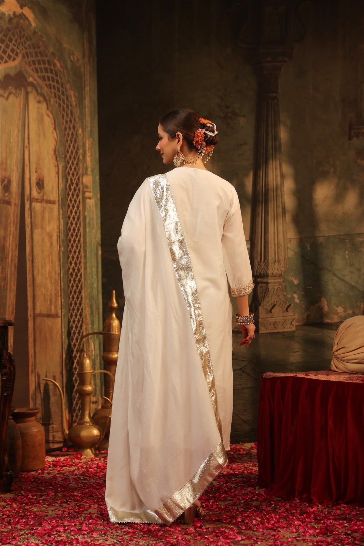 Women's Elegant Ivory Embroidered Straight Kurta Palazzo Set with Dupatta