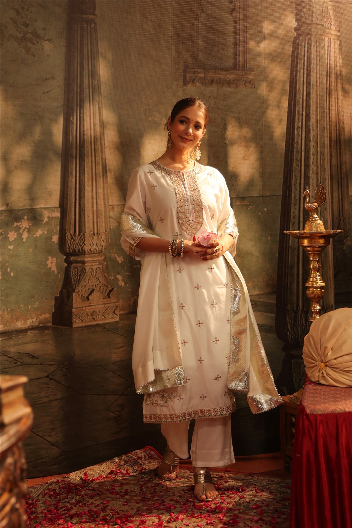 Women's Elegant Ivory Embroidered Straight Kurta Palazzo Set with Dupatta