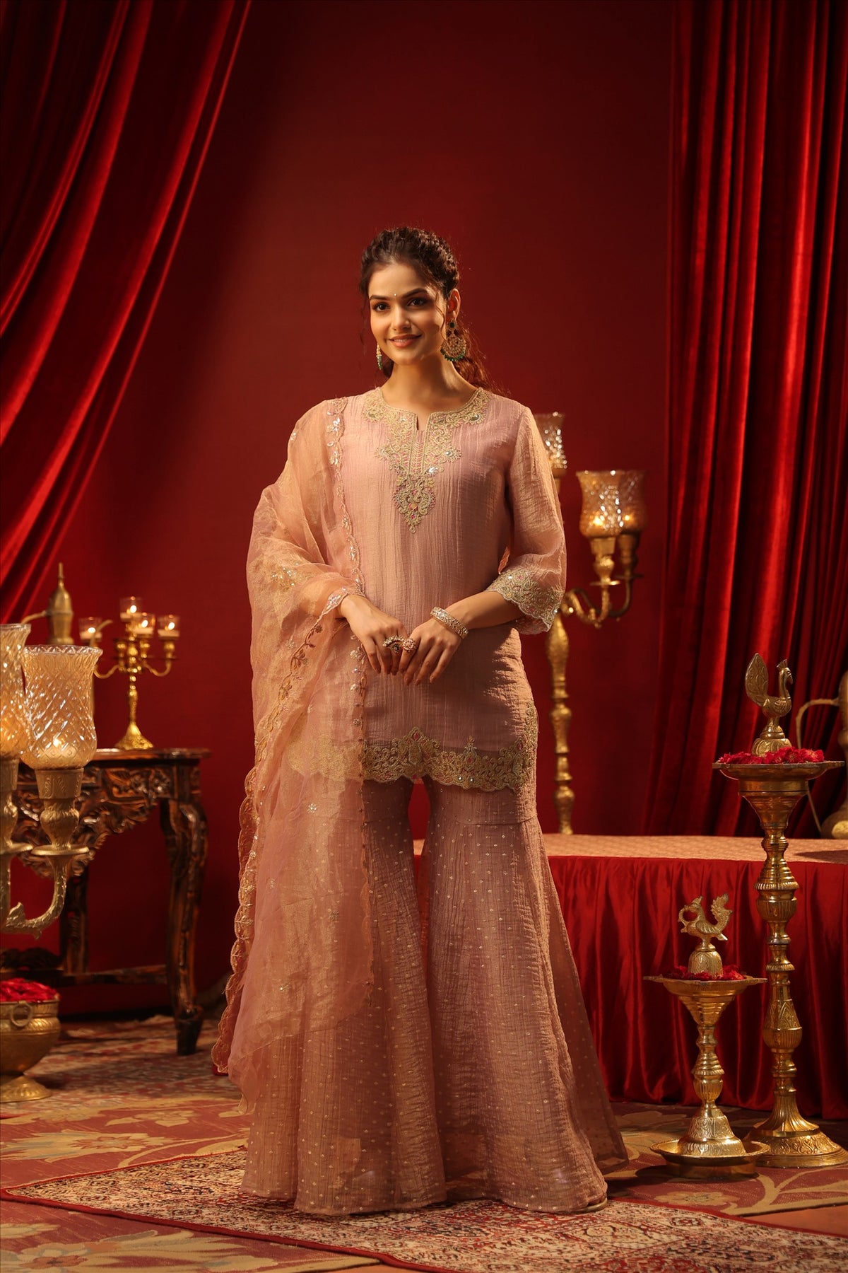 Women's Elegant Peach Embroidered Kurta Sharara Set with Dupatta