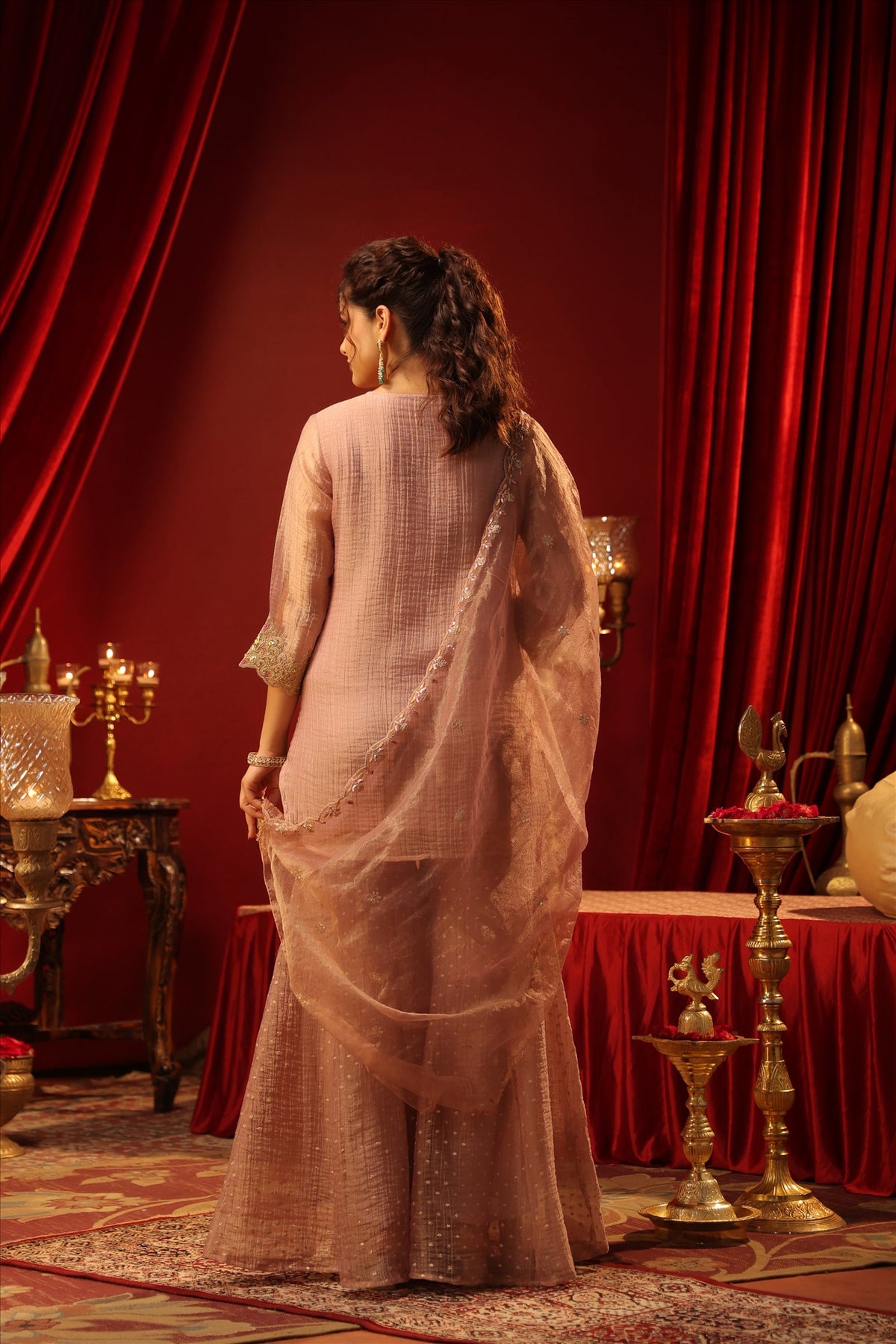 Women's Elegant Peach Embroidered Kurta Sharara Set with Dupatta