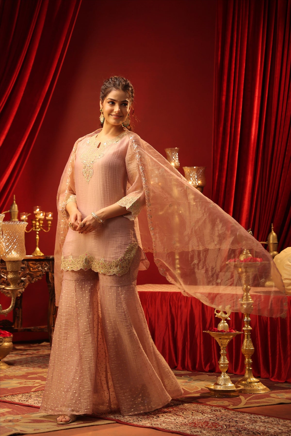 Women's Elegant Peach Embroidered Kurta Sharara Set with Dupatta