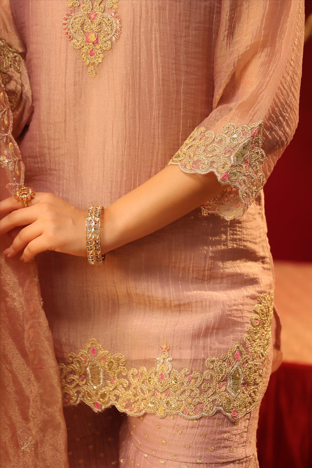 Women's Elegant Peach Embroidered Kurta Sharara Set with Dupatta